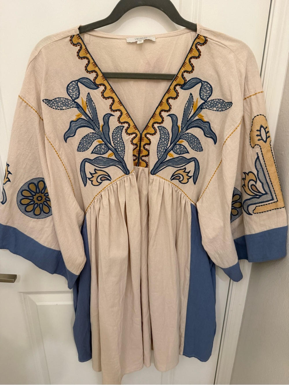 Embroidered V-Neck Mini Dress in Beige and Blue
